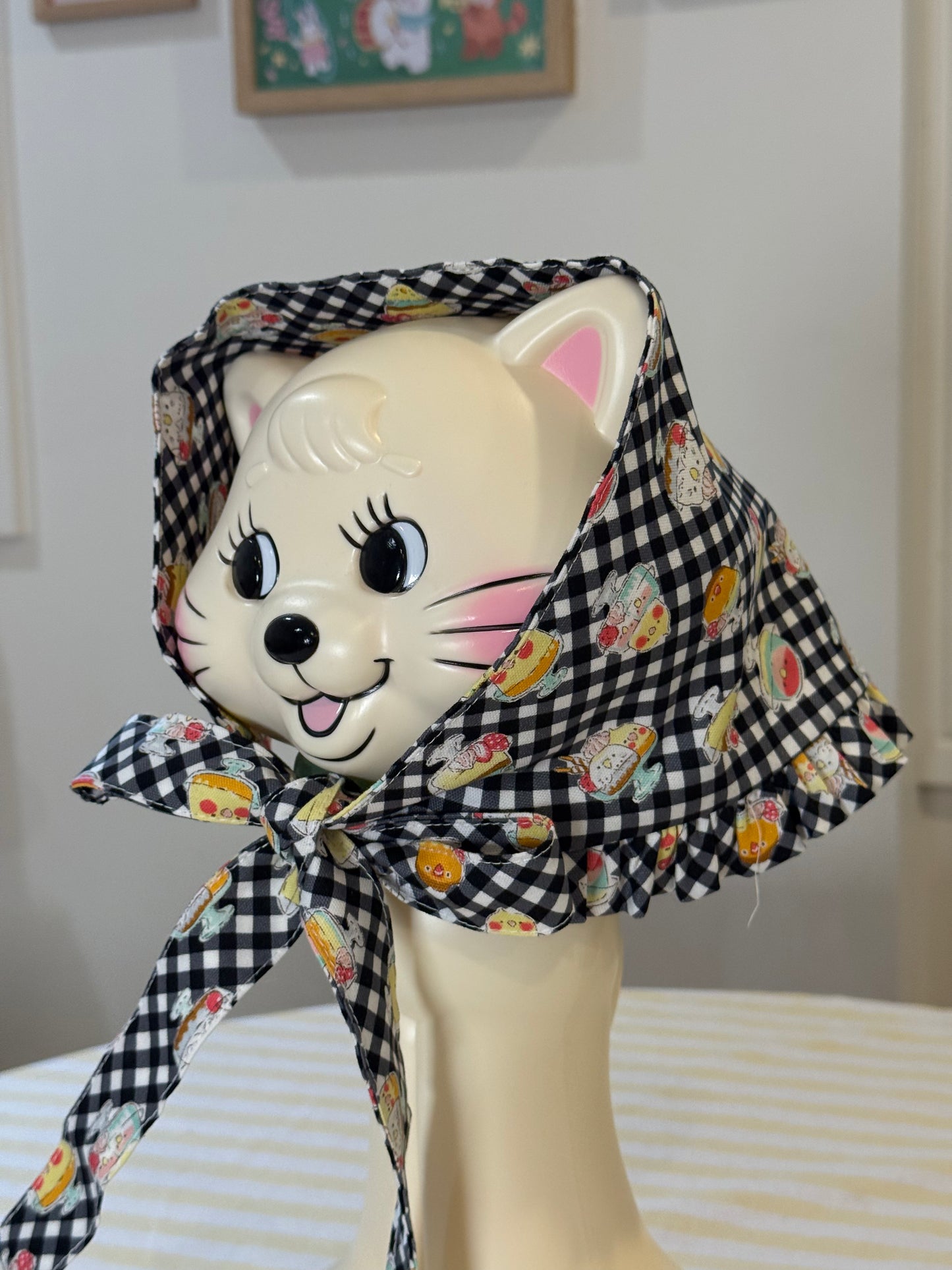 Babushka Scarf - Birds Desserts on Black Gingham Japanese Cotton
