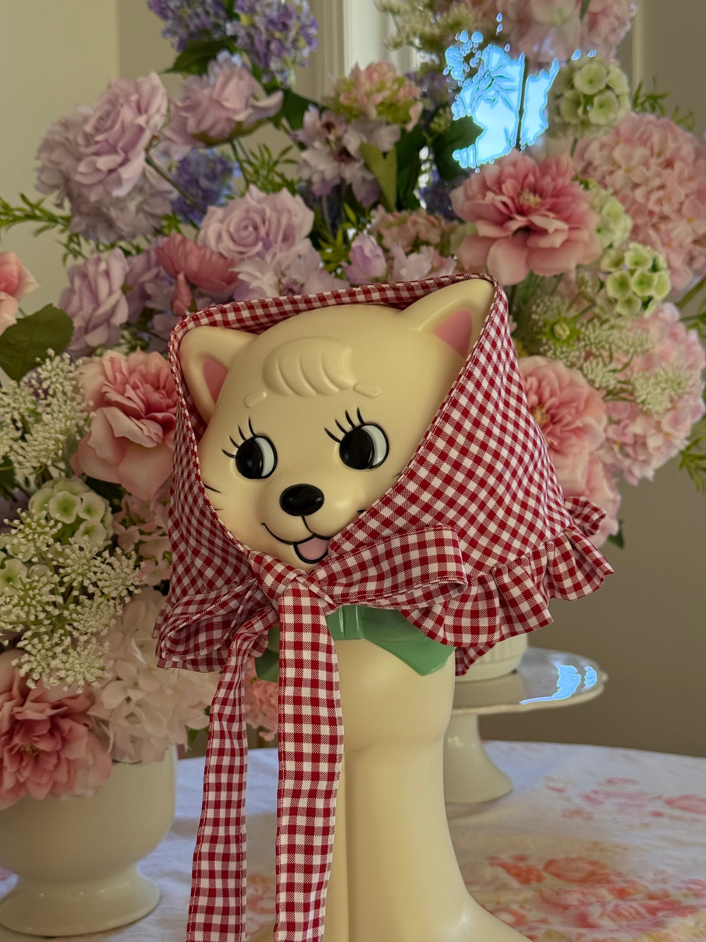 Babushka Scarf - Red Gingham Cotton x Poly