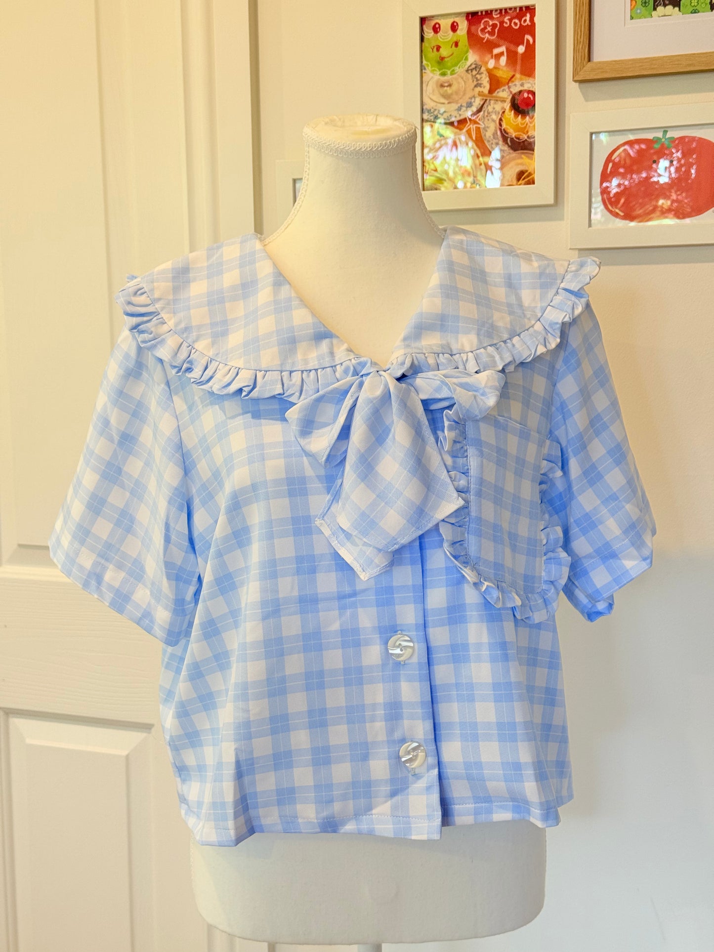 Sailor top - Baby Blue Check Cotton x Poly