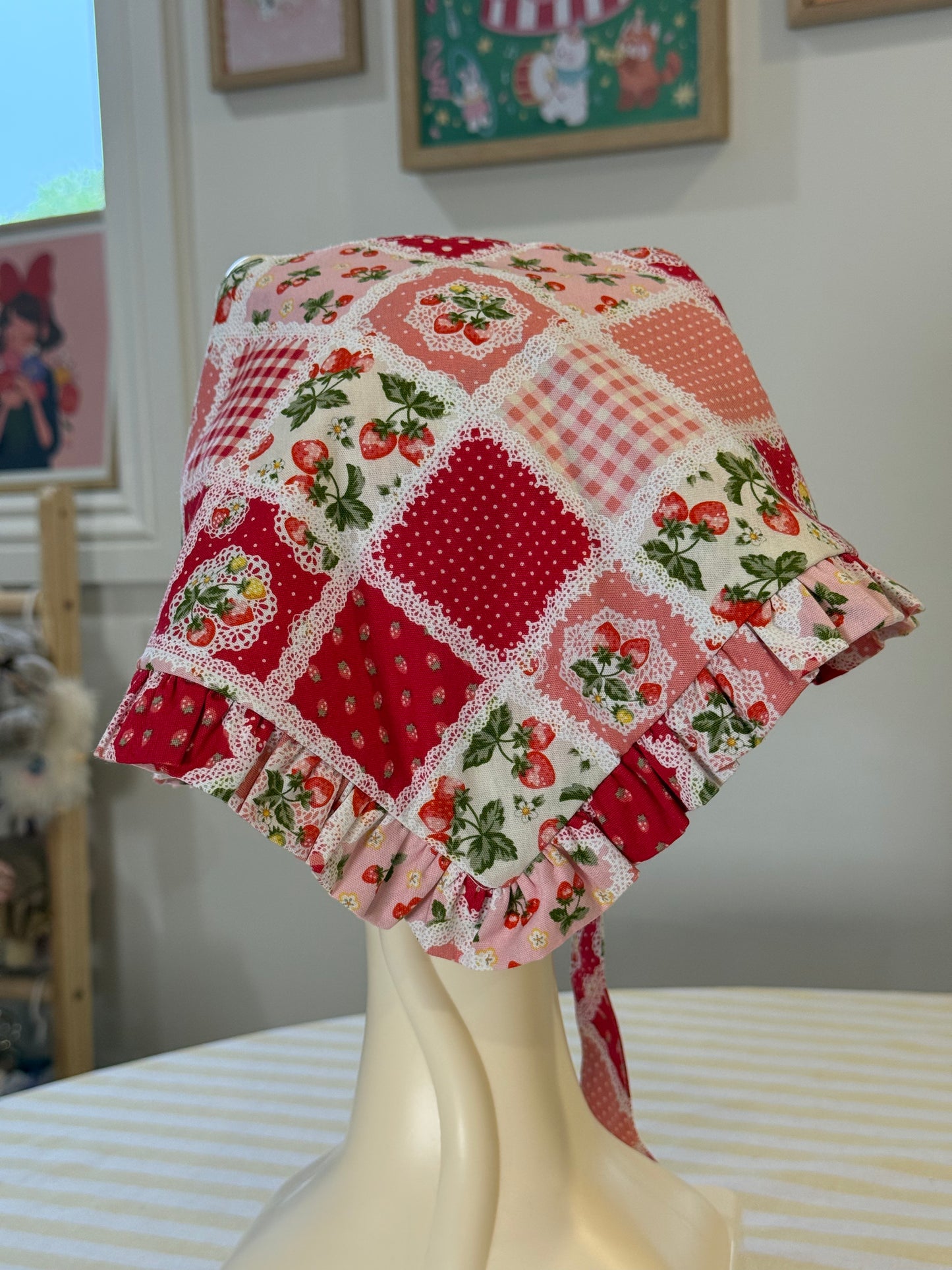 Babushka Scarf - Strawberry Patchwork Japanese Cotton