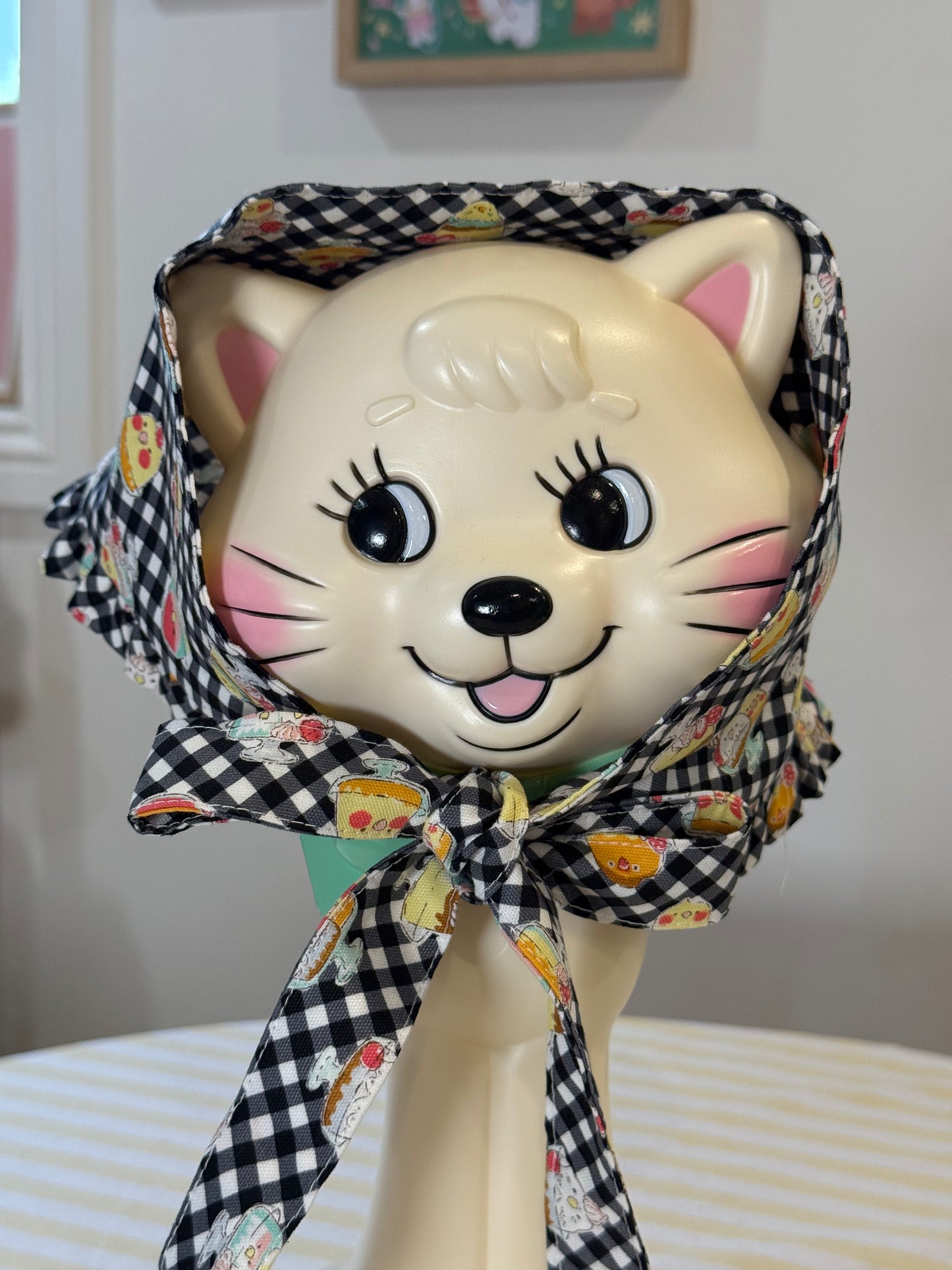 Babushka Scarf - Birds Desserts on Black Gingham Japanese Cotton