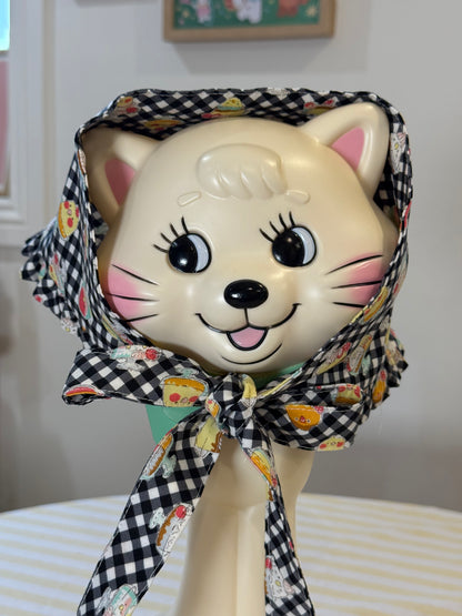 Babushka Scarf - Birds Desserts on Black Gingham Japanese Cotton