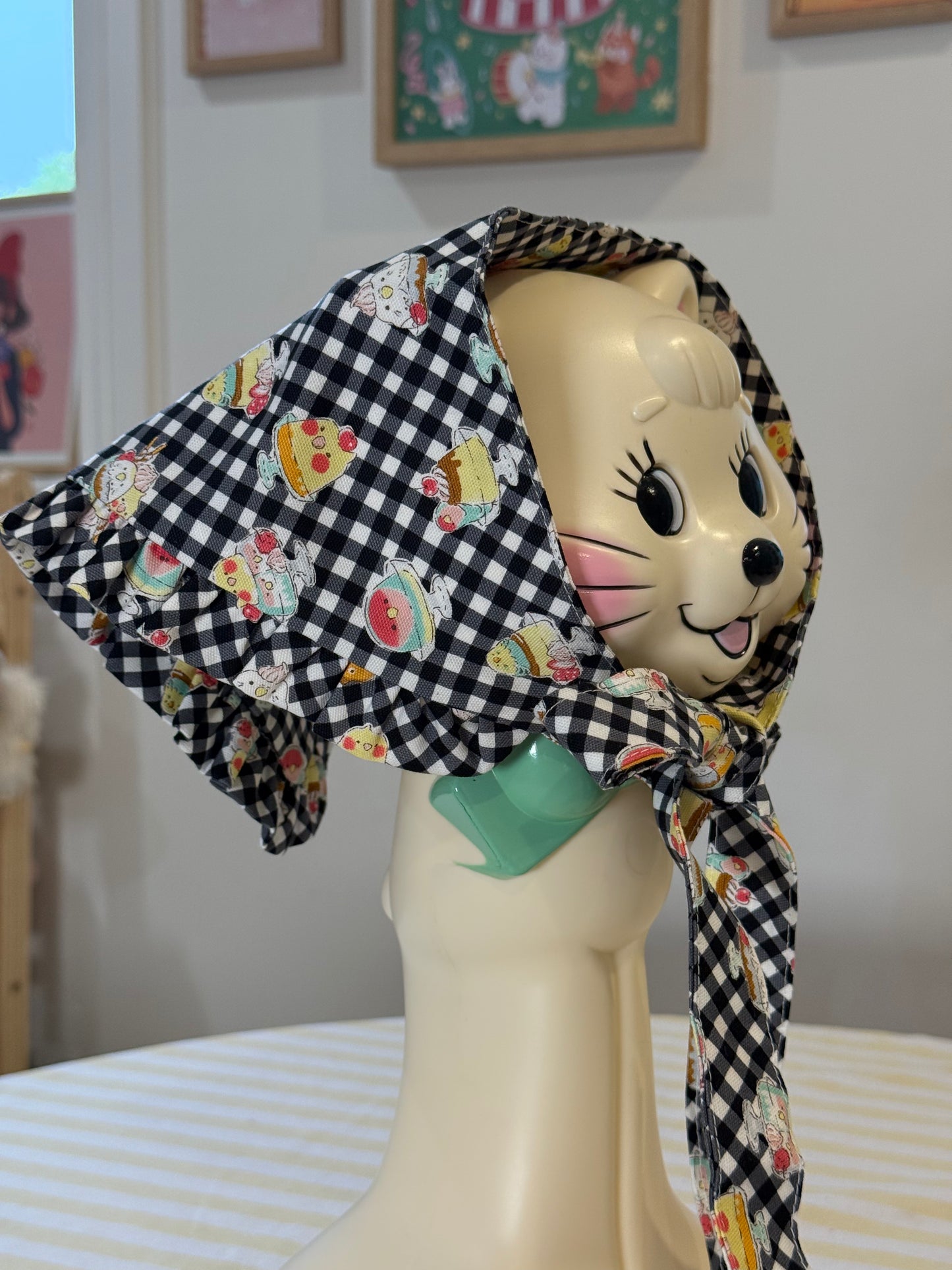 Babushka Scarf - Birds Desserts on Black Gingham Japanese Cotton