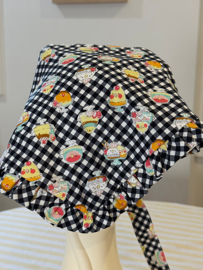 Babushka Scarf - Birds Desserts on Black Gingham Japanese Cotton
