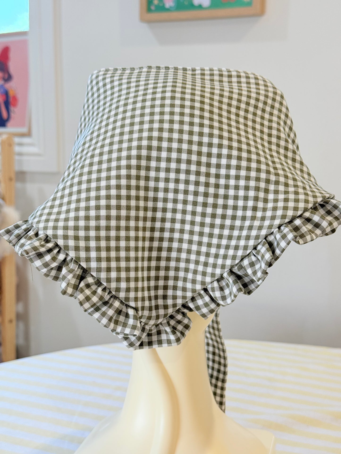 Babushka Scarf - Olive Green Gingham Cotton x Poly