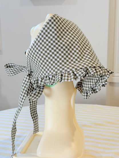 Babushka Scarf - Olive Green Gingham Cotton x Poly