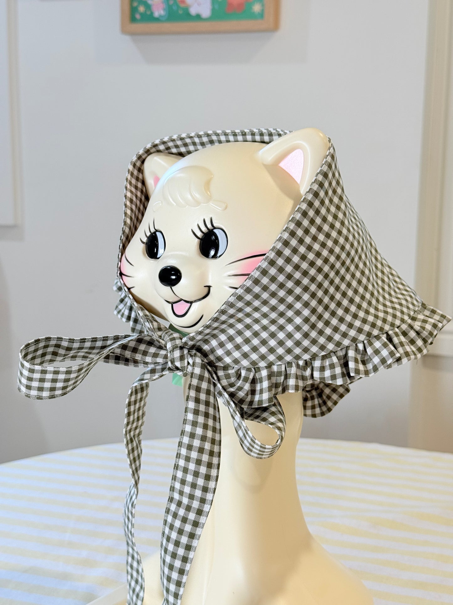Babushka Scarf - Olive Green Gingham Cotton x Poly