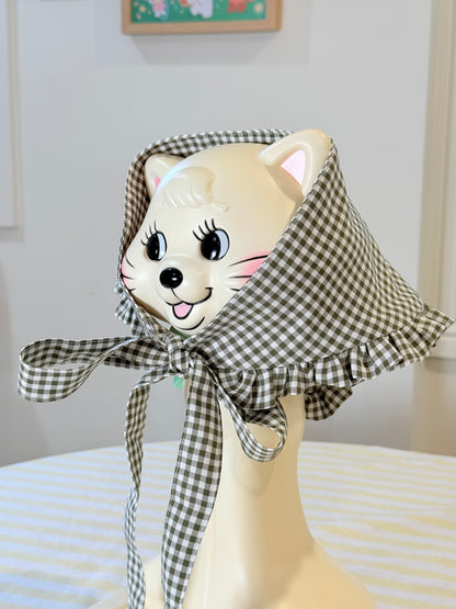 Babushka Scarf - Olive Green Gingham Cotton x Poly