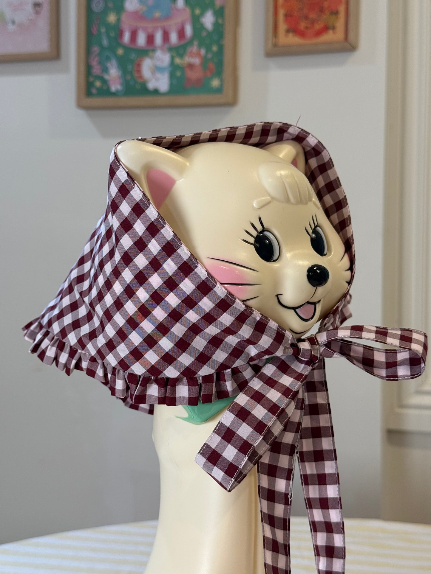 Babushka Scarf - Brown Gingham Cotton x Poly