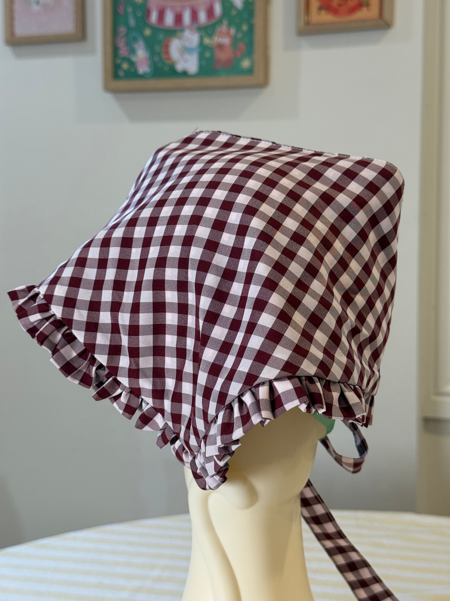 Babushka Scarf - Brown Gingham Cotton x Poly