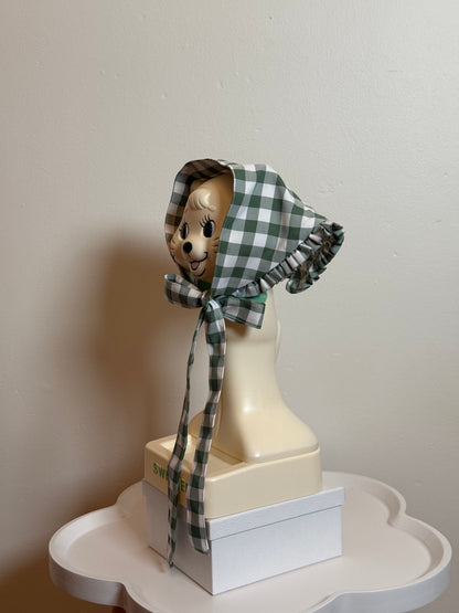 Babushka Scarf - Green Gingham Cotton x Poly