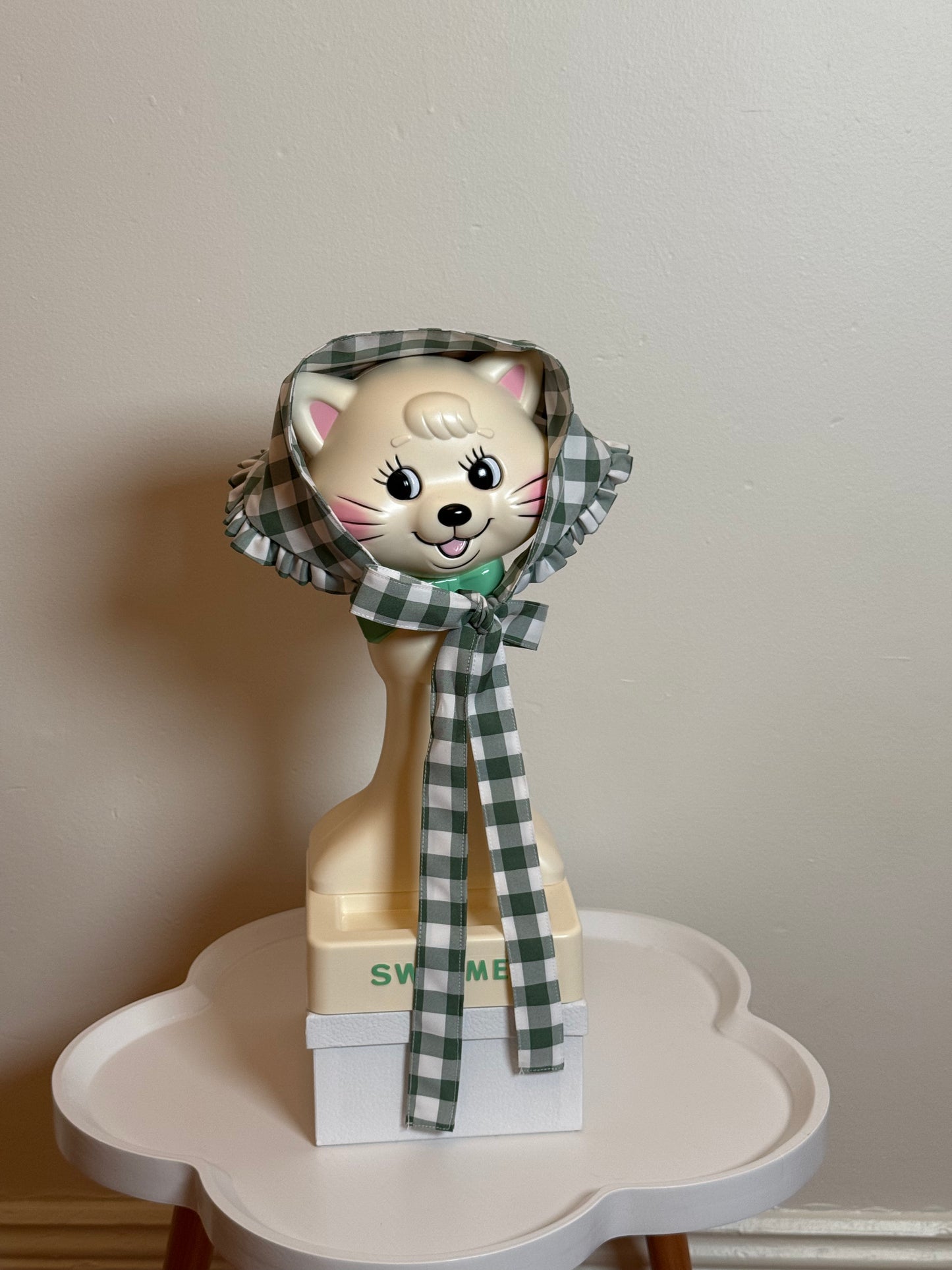 Babushka Scarf - Green Gingham Cotton x Poly