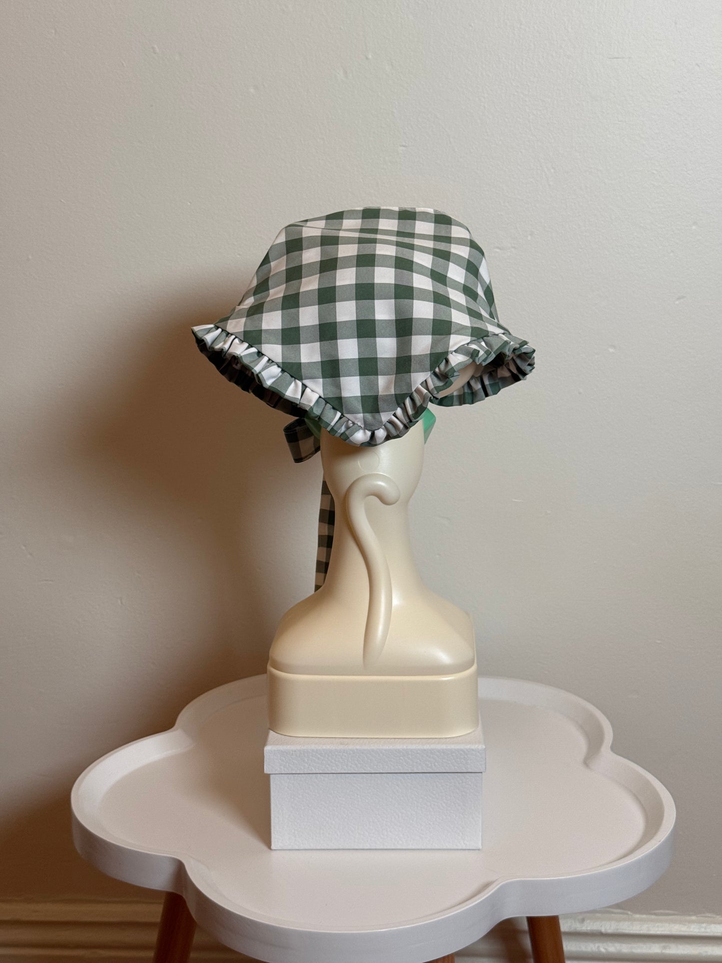 Babushka Scarf - Green Gingham Cotton x Poly