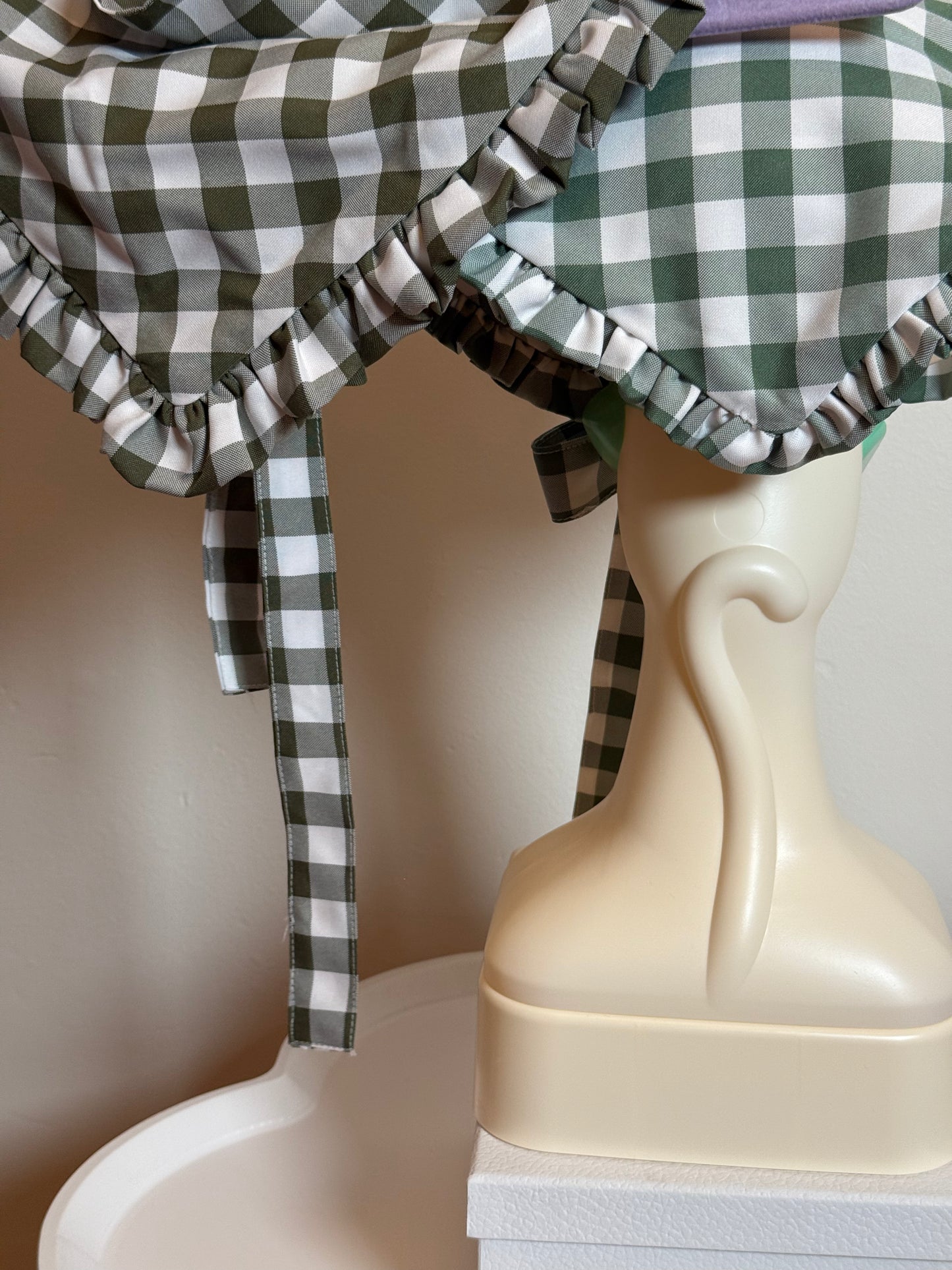 Babushka Scarf - Green Gingham Cotton x Poly