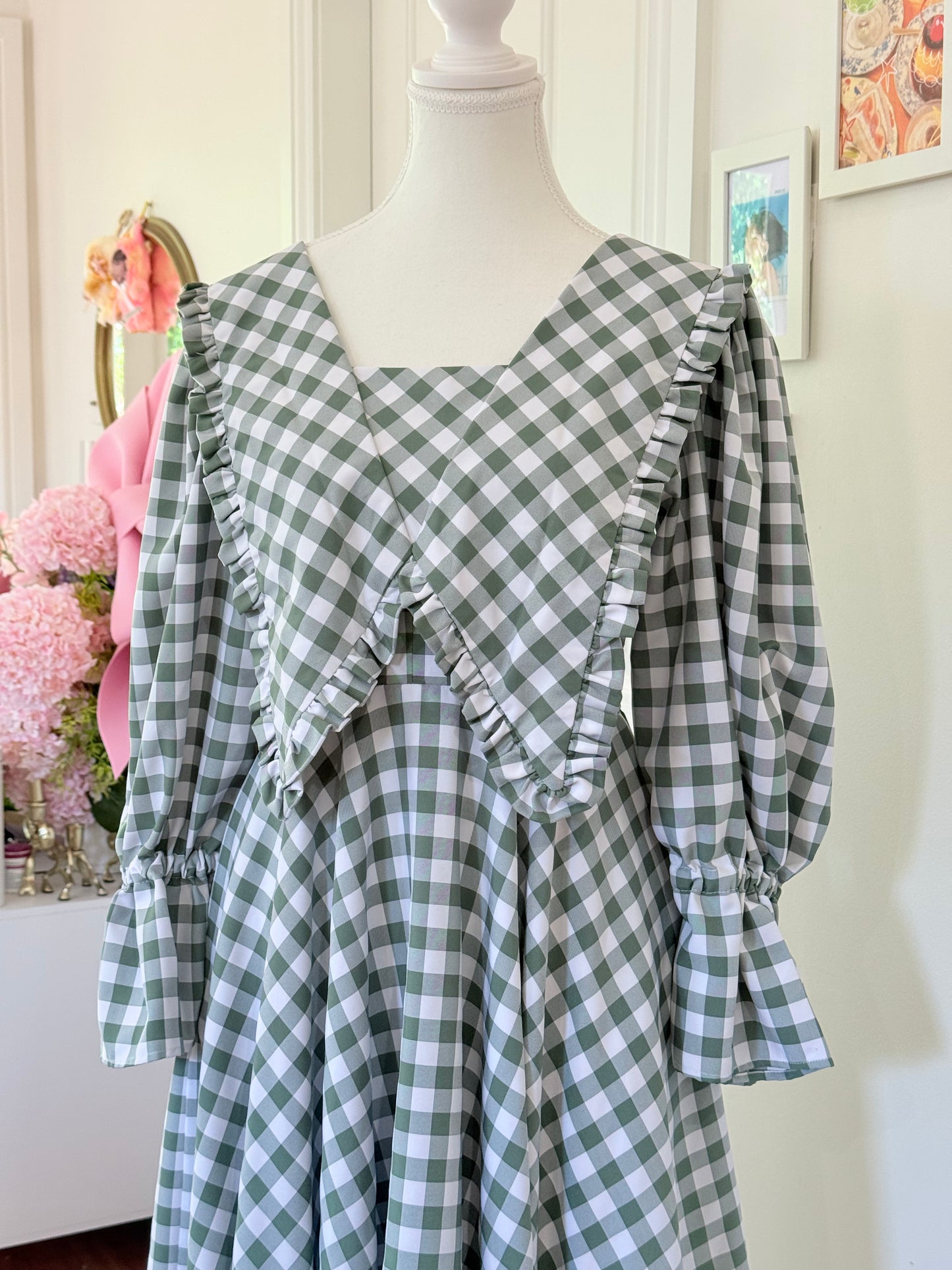 Madoka dress - Sage Green Check Cotton x Poly