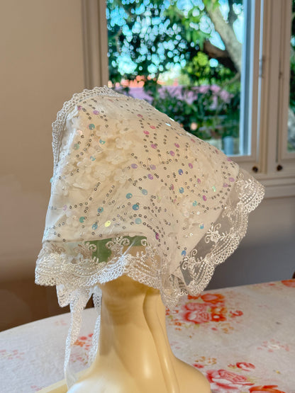 Babushka Scarf - White Sequin Floral