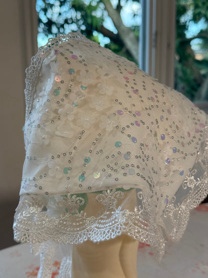 Babushka Scarf - White Sequin Floral